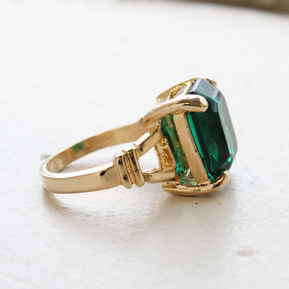 Vintage 1980s Emerald Cut Green Crystal Cocktail Ring - 18k Gold Electroplated - Made in USA jewelry image 1