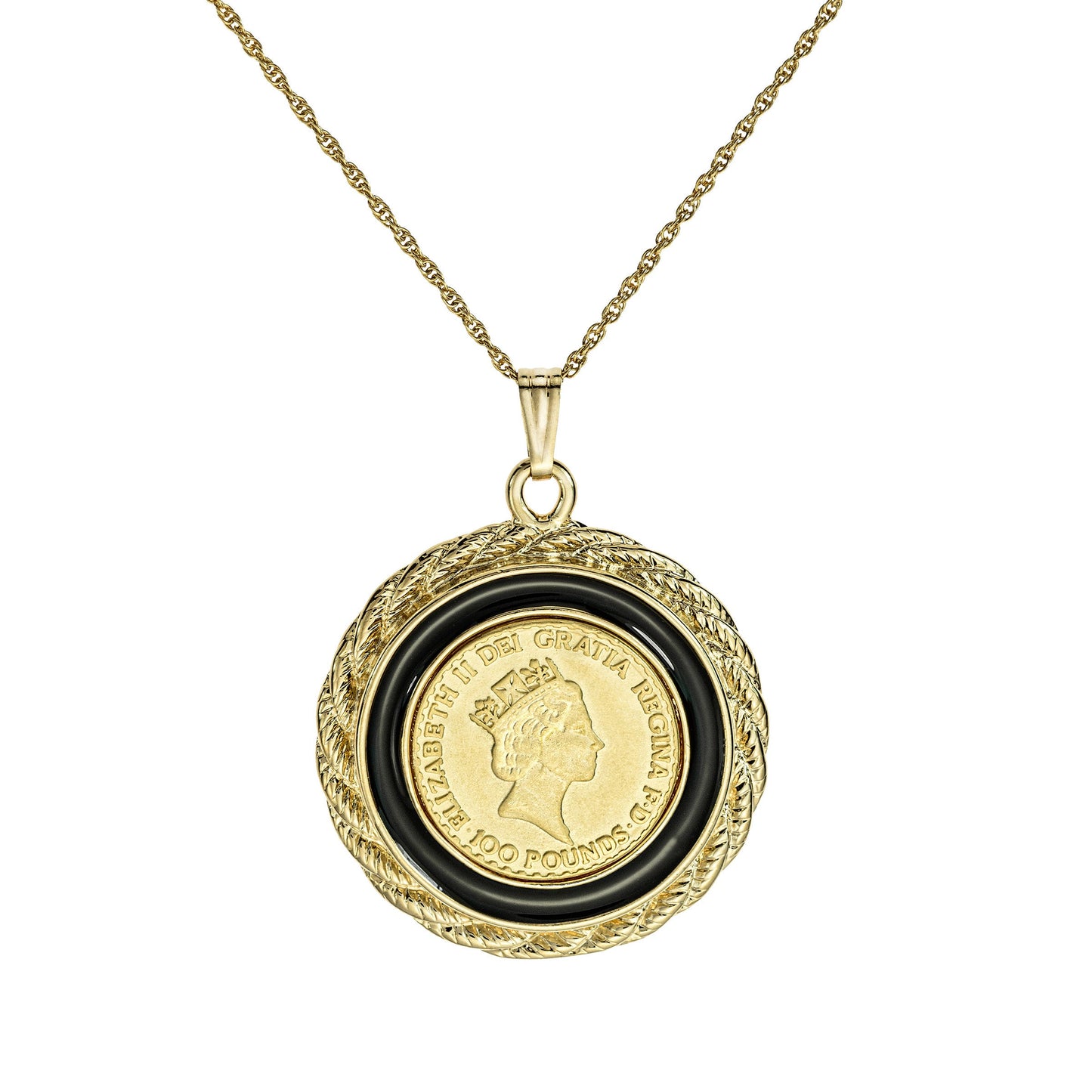 Queen Elizabeth II 100 Pound Coin Pendant Necklace - 18K Yellow Gold Electroplated with Black Accent Ring jewelry image 1