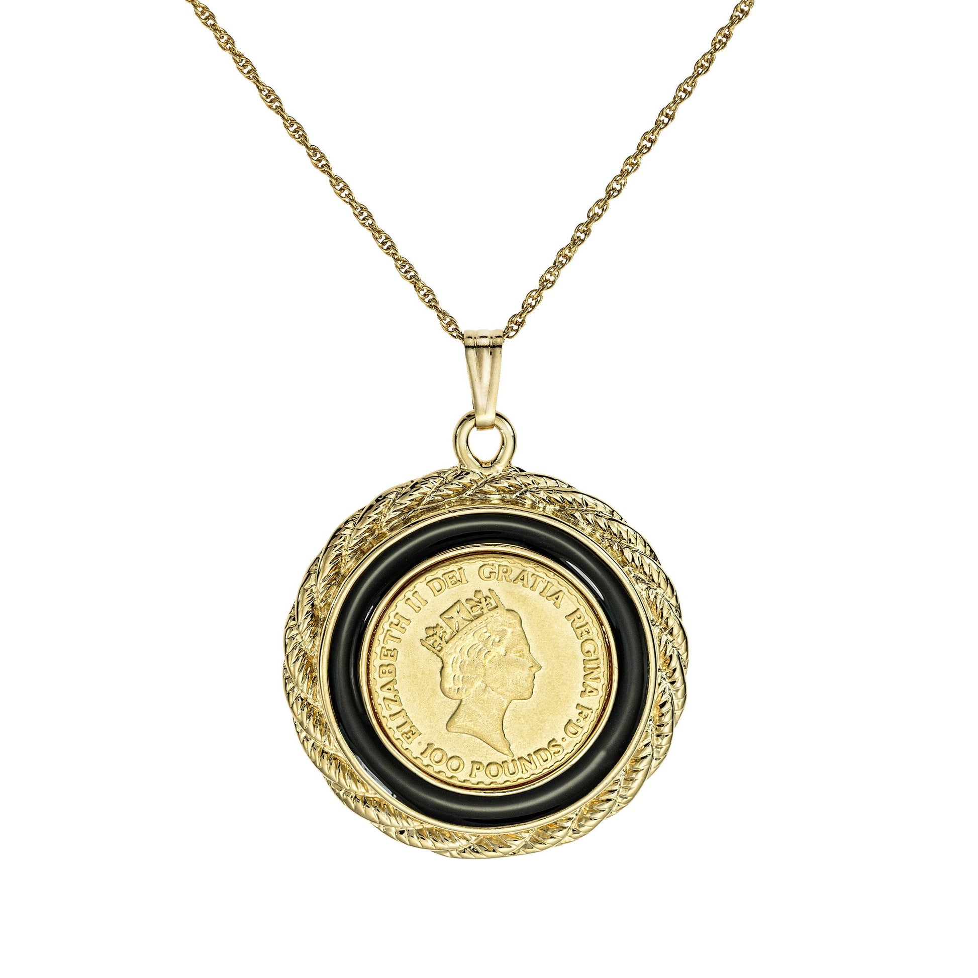 Queen Elizabeth II 100 Pound Coin Pendant Necklace - 18K Yellow Gold Electroplated with Black Accent Ring jewelry image 1