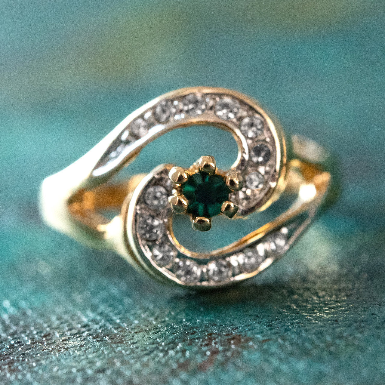 Vintage Ring 18k Yellow Gold Electroplated with Alexandrite and Clear Crystals made in the USA