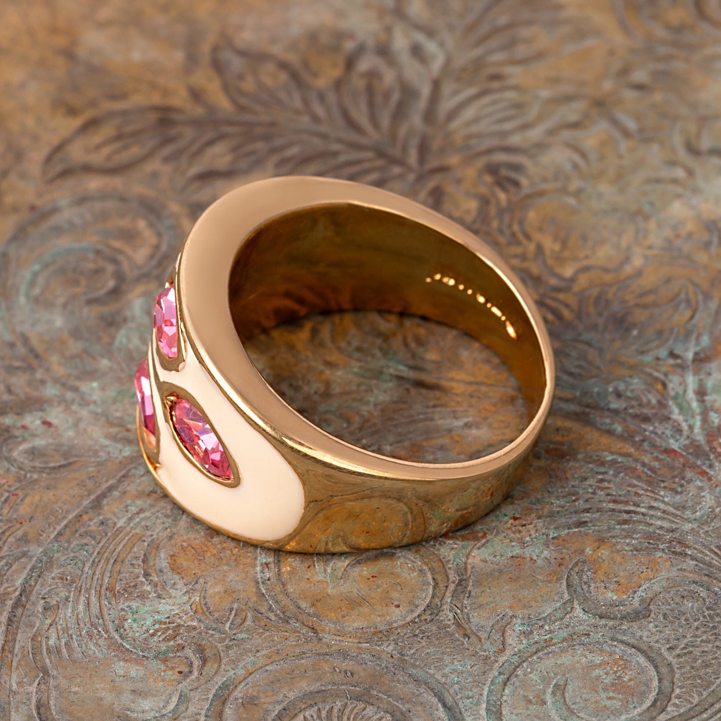 Vintage 1980's Black Enamel Ring with Clear Austrian Crystals Leaf Motif 18k Gold Plated