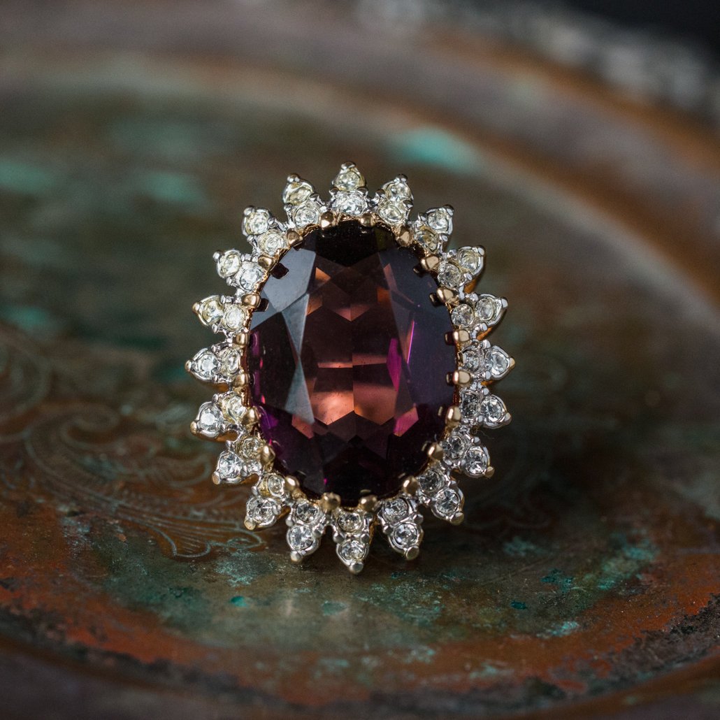 Vintage Amethyst and Clear Austrian Crystal Cocktail Ring 18k Yellow Gold Electroplated Made in USA