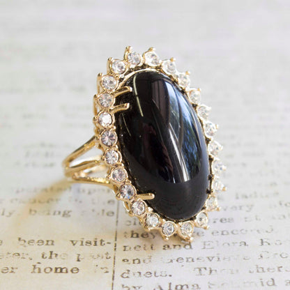 Vintage 1970s Art Deco Style Onyx Cocktail Ring with Clear Austrian Crystals - 18k HGE jewelry image 1