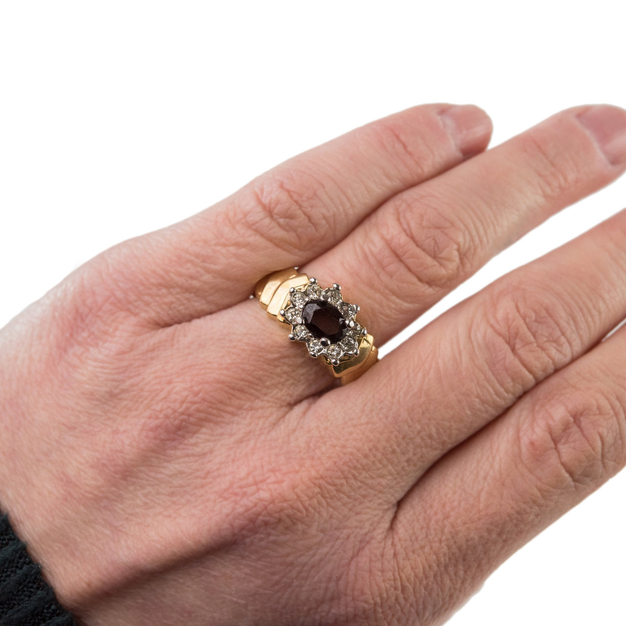 Vintage Ring Genuine Garnet and Clear Swarovski Crystals 18kt Gold Electroplated Band January Birthstone