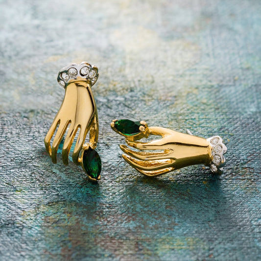 Vintage 1970s Elegant Hand Pierced Earrings with Emerald Green and Clear Crystals - 18k Yellow Gold Electroplated jewelry image 1