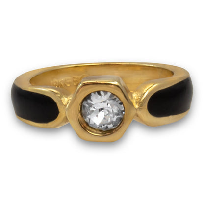 Vintage Ring 1980s Black Enamel Ring with Clear Swarovski Crystals Leaf Motif Antique 18k Gold Plated #R6000 Size 5