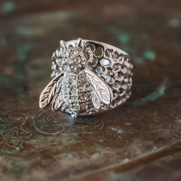 Vintage Ring Bee Ring Clear Swarovski Crystals 18kt White Gold Silver Antique Womans Jewelry #R193 Size: 8