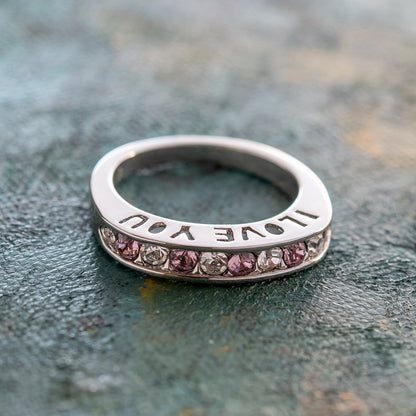Vintage Ring 1980s I Love You Band Ring Amethyst and Clear Swarovski Crystals Imported #R4577-AW Size: 7