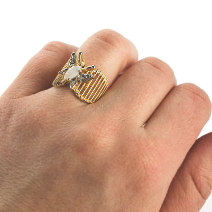 Vintage Butterfly Ring Genuine Coral and Clear Austrian Crystals 18kt Yellow Gold Electroplated