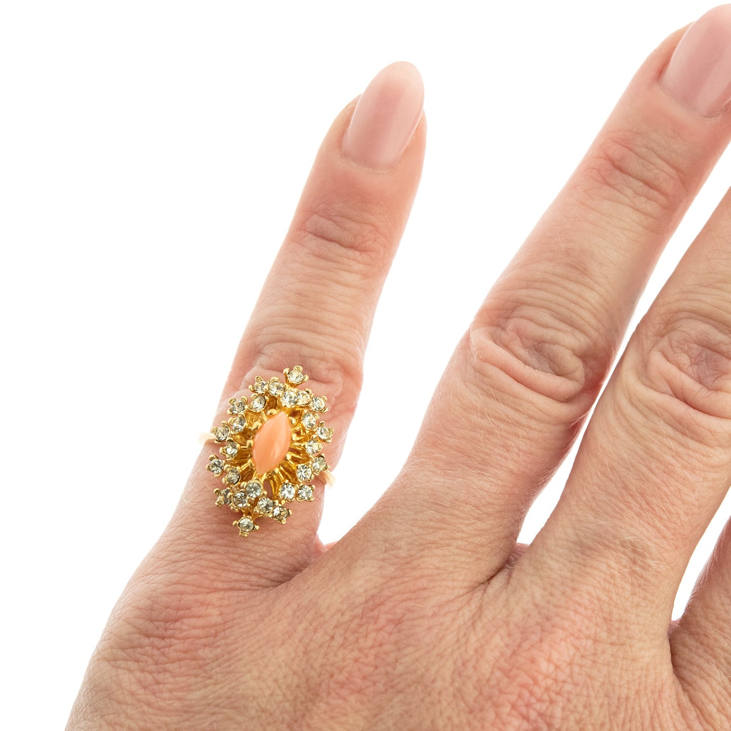 Vintage Ring Genuine Opal with Clear and Ruby Austrian Crystals 18kt Yellow Gold Electroplated