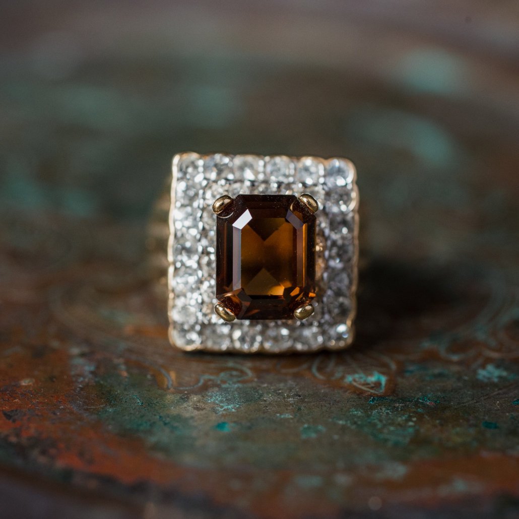 Vintage Smokey Topaz and Clear Austrian Crystal Cocktail Ring – 18k Gold Electroplated jewelry image 1