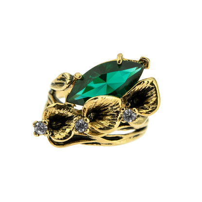 Vintage Calla Lily Statement Ring - Emerald Green Austrian Crystal, 18k Gold Electroplated, Made in USA jewelry image 1