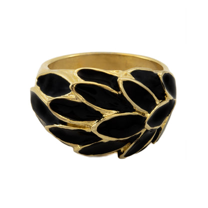 Vintage 1970s Black Enamel Leaf Motif 18k Gold Electroplated Ring - Made in USA jewelry image 1