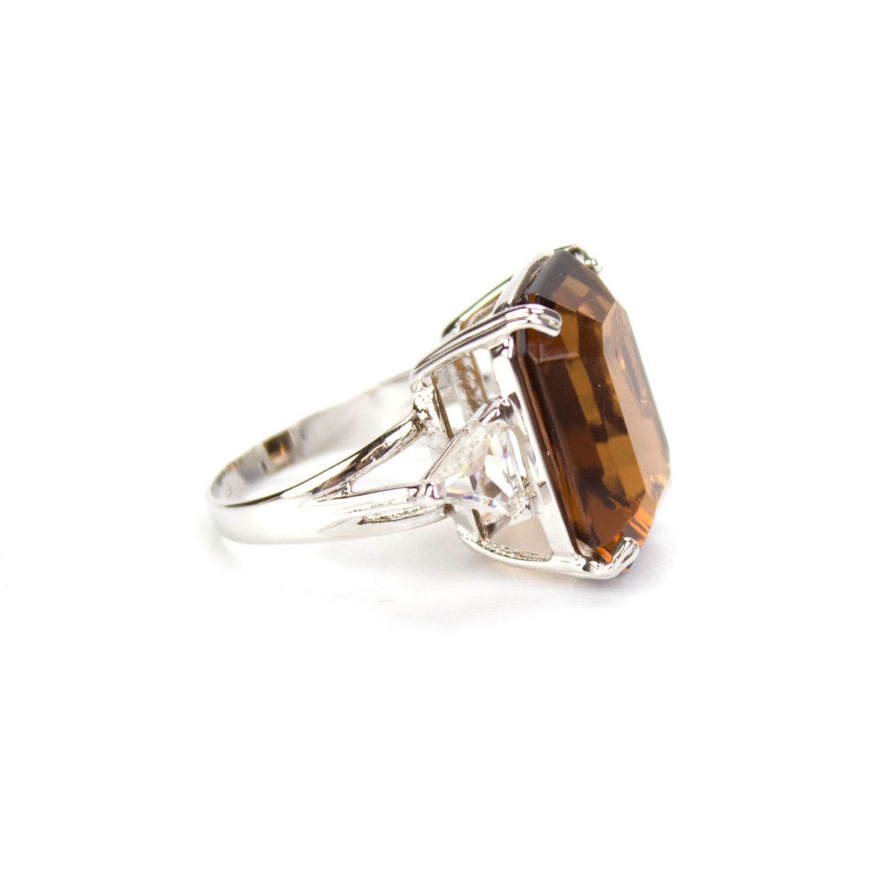 Vintage Ring Cocktail Ring Smoky Topaz and Clear Swarovski Crystals Rhodium Plated Silver Tone #R2239 Size: 9