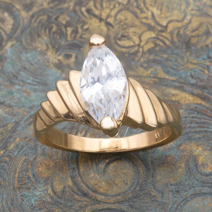 Vintage Ring 1.5 ct. Marquise Cut Cubic Zirconia Solitaire Engagement Style Ring 18KT Gold Antique Womans Jewelry Handmade Rings #R3397 Size: 7