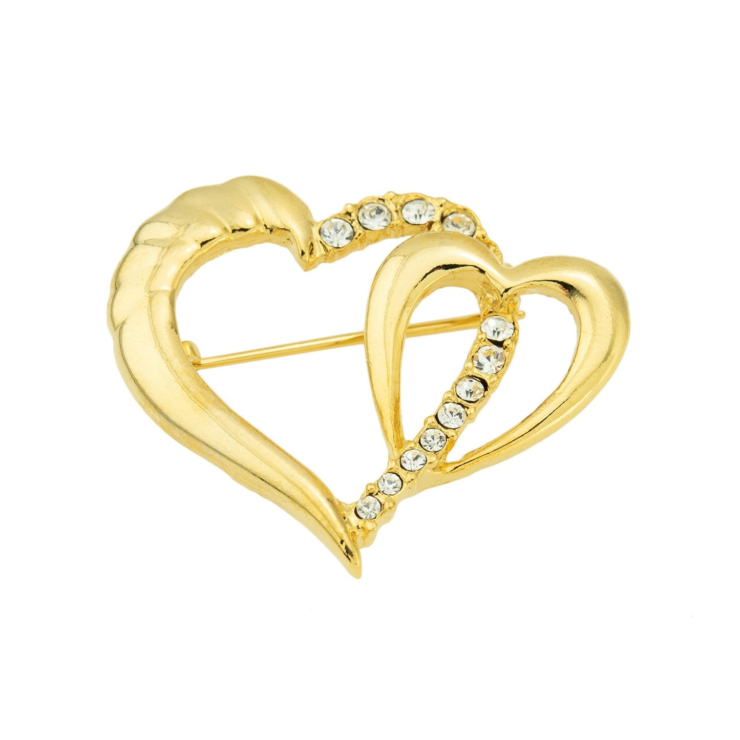 Vintage Brooch Heart Pin Clear Swarovski Crystals 18k Gold Antique Womans Jewelry