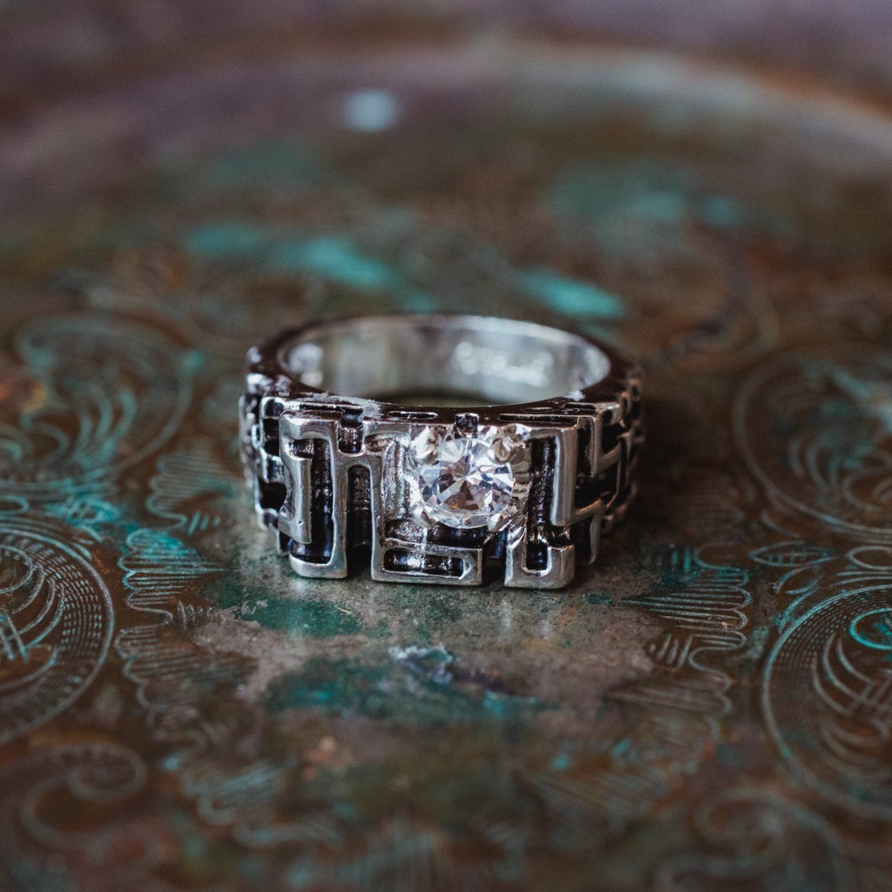 Men's Vintage Ring Edwardian Style Genuine Spinel Handcrafted Antiqued 18k White Gold Electroplated