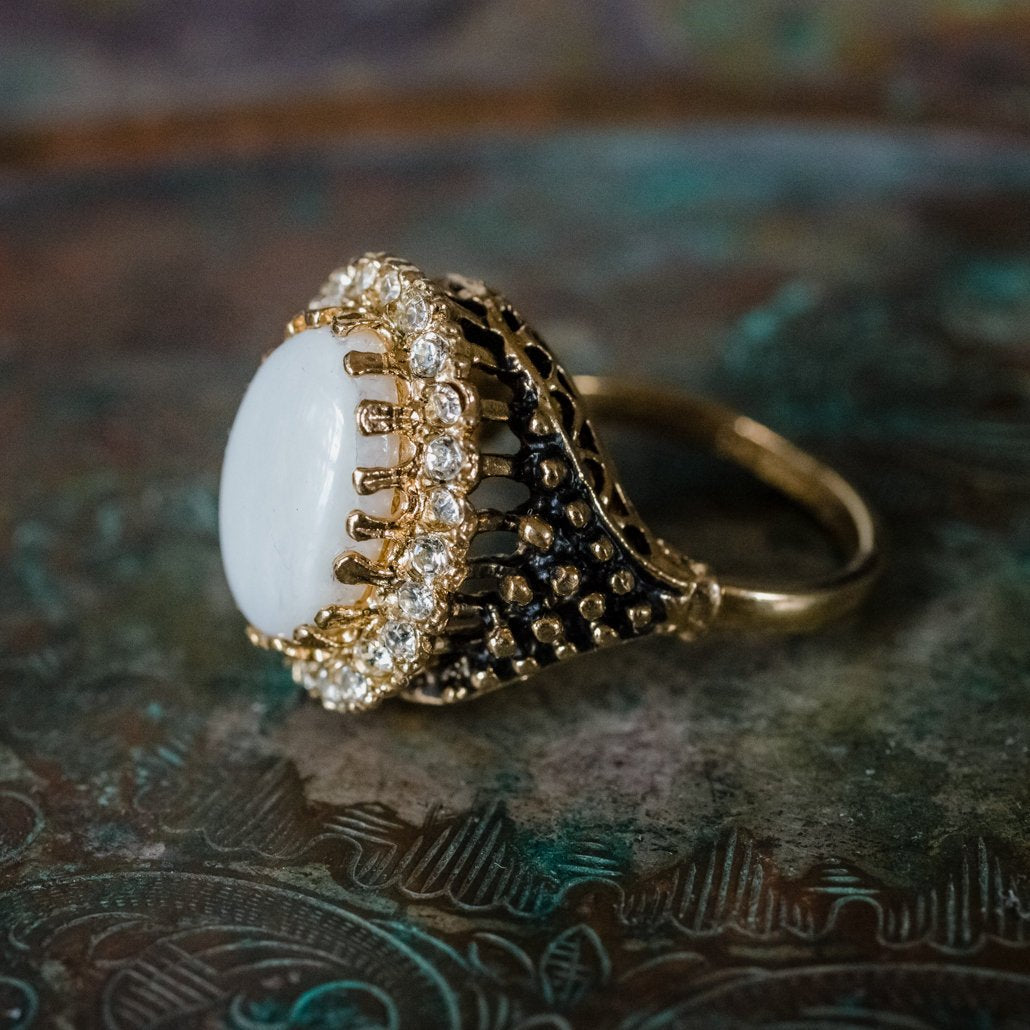 Vintage Amethyst and Clear Crystal 18k Antiqued Yellow Gold Electroplated Ring Made in the USA