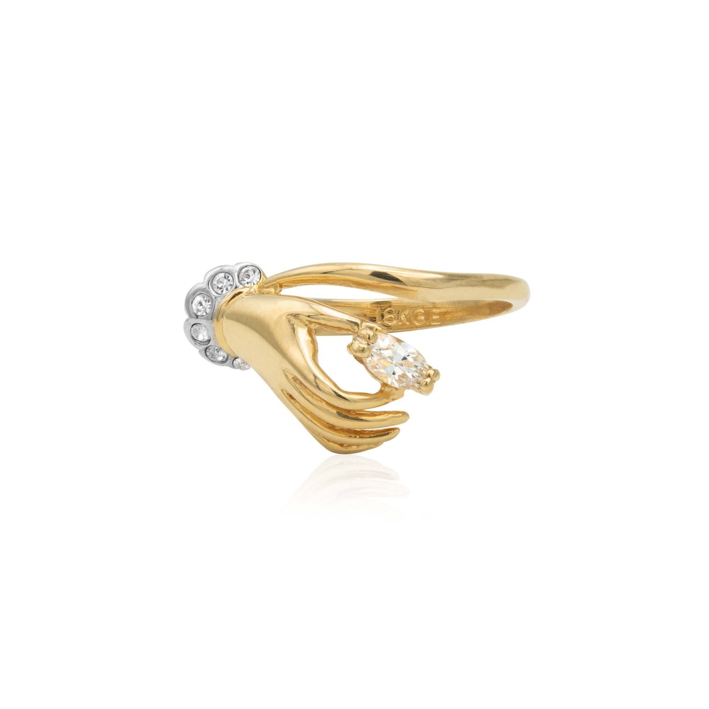 Vintage 1980s Victorian Hand Design Ring with Clear Crystal - 18k Gold Electroplated jewelry image 1
