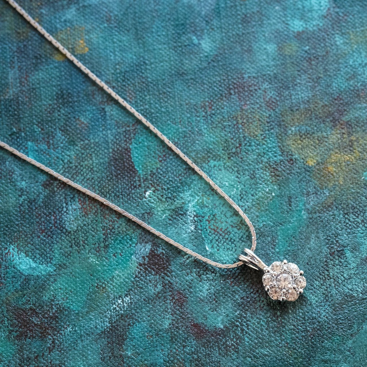 Vintage Flower Pendant Clear Austrian Crystals 18k White Gold Electroplated