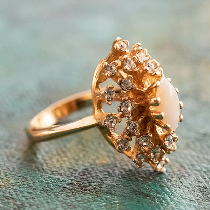 Vintage Ring Genuine Opal with Clear and Ruby Austrian Crystals 18kt Yellow Gold Electroplated