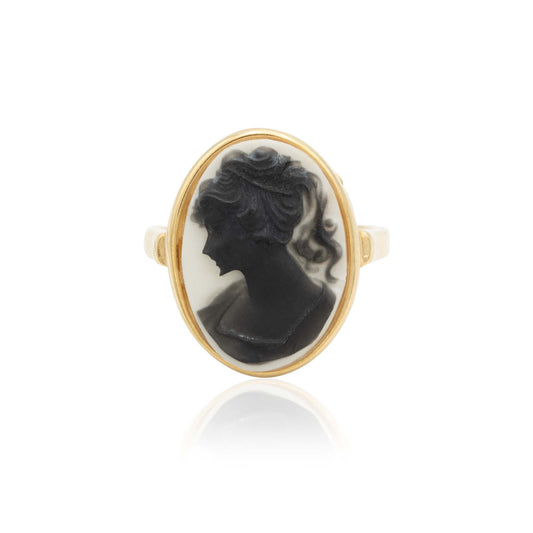 Vintage Black Silhouette on White Cameo Bead Ring - 18k Yellow Gold Electroplated jewelry image 1