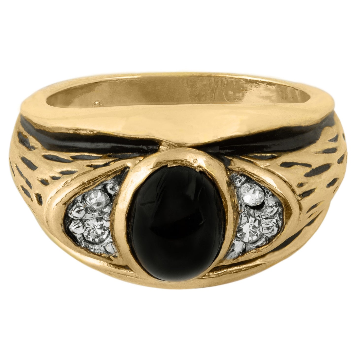 Vintage Ring 1980s Mens Onyx and Austrian Crystal 18kt Gold Plated Antique Ring #R6001
