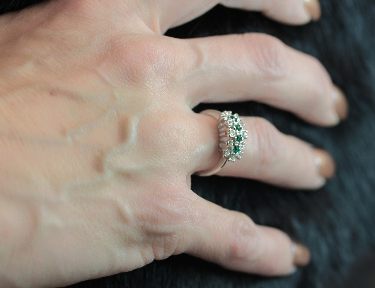 Vintage Ring Emerald or Sapphire and Clear Austrian Crystals 18k Gold Electroplated Cluster Made in USA