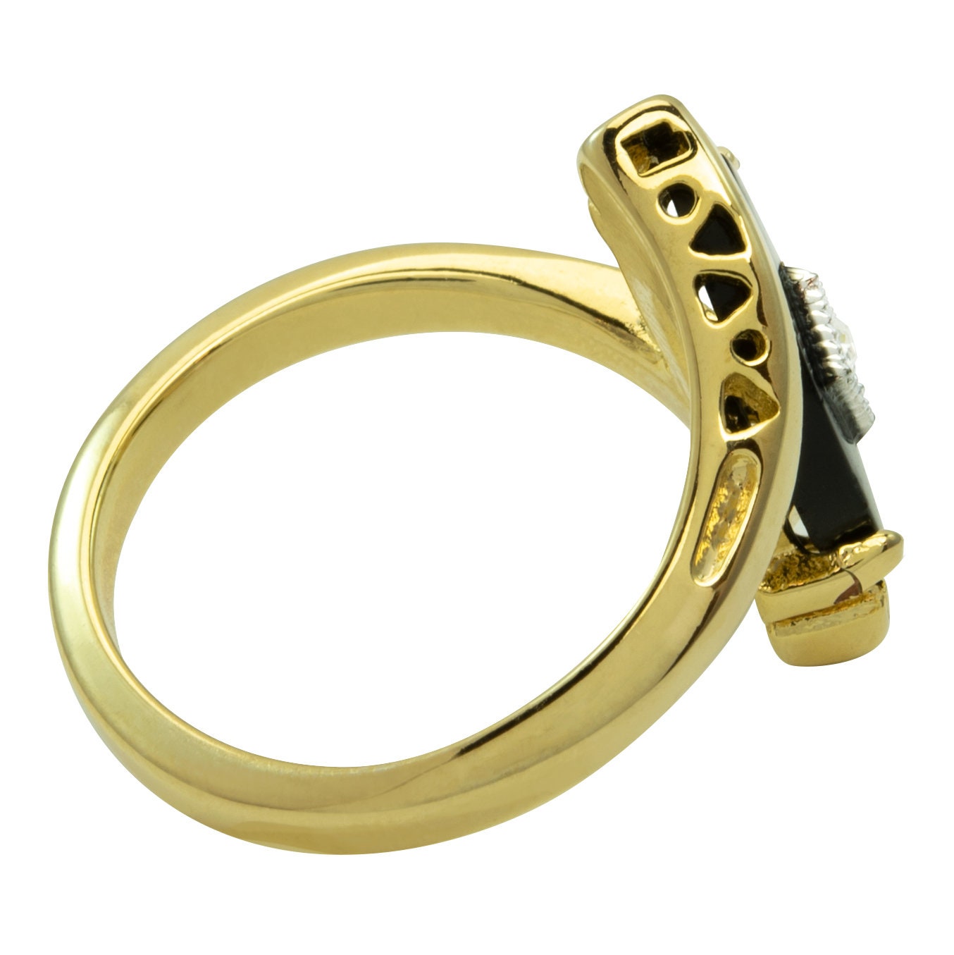 Vintage Imitation Onyx Stone set with Austrian Crystal 18kt Yellow Gold Electroplated Setting Made in USA #R961 Size: 4