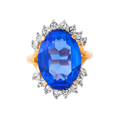 Vintage Blue Topaz Austrian Crystal Cocktail Ring – 18k Yellow Gold Electroplated, Made in USA jewelry image 1