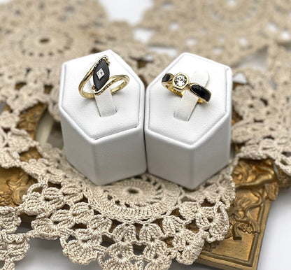 Vintage Imitation Onyx Stone set with Austrian Crystal 18kt Yellow Gold Electroplated Setting Made in USA #R961 Size: 4