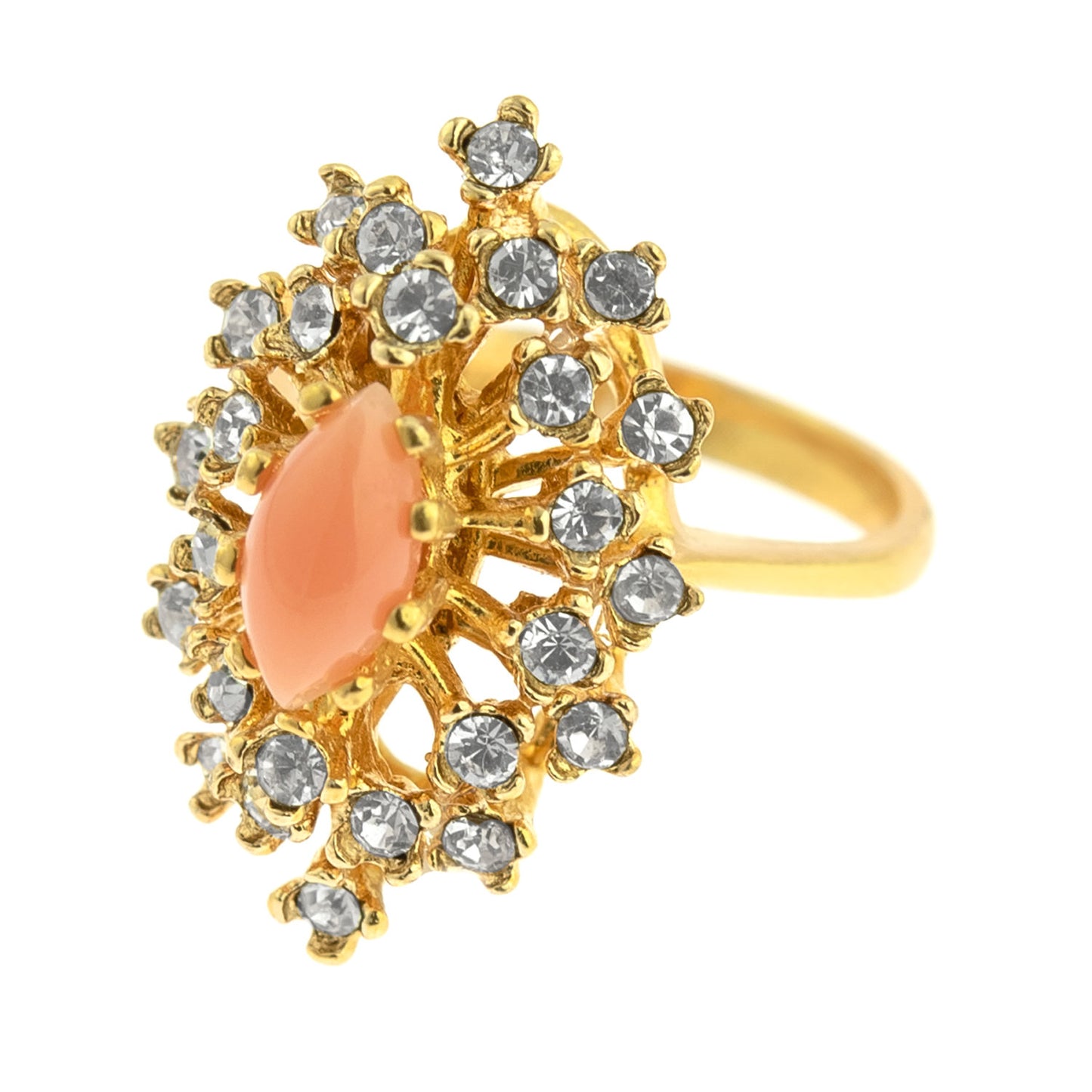 Vintage Ring Genuine Opal with Clear and Ruby Austrian Crystals 18kt Yellow Gold Electroplated