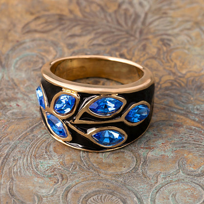 Vintage 1980's Black Enamel Ring with Clear Austrian Crystals Leaf Motif 18k Gold Plated