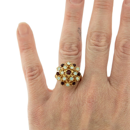 Vintage Ring Ruby Austrian Crystals and Pinfire Opals 18k White Gold Electroplate Made in the USA