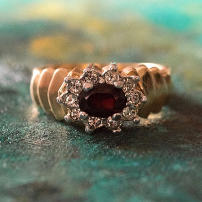 Vintage Ring Genuine Garnet and Clear Swarovski Crystals 18kt Gold Electroplated Band January Birthstone