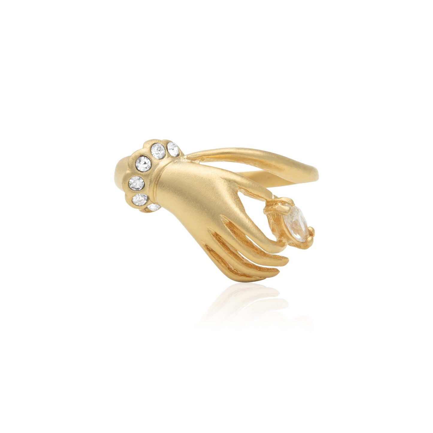 Vintage 1980s Victorian Hand Ring - 18k Gold Electroplated with Austrian Crystals, Brushed Matte Finish jewelry image 1