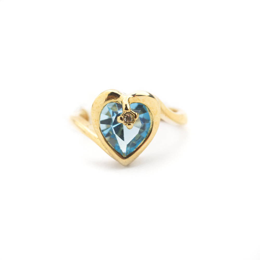 Vintage 1970s Heart Shape Ring with Aquamarine Austrian Crystal – 18k Gold Electroplated jewelry image 1