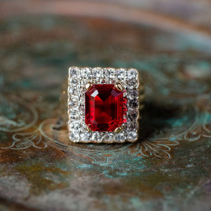 Vintage Ruby and Clear Austrian Crystal Cocktail Ring – 18k Yellow Gold Electroplated – Made in USA jewelry image 1