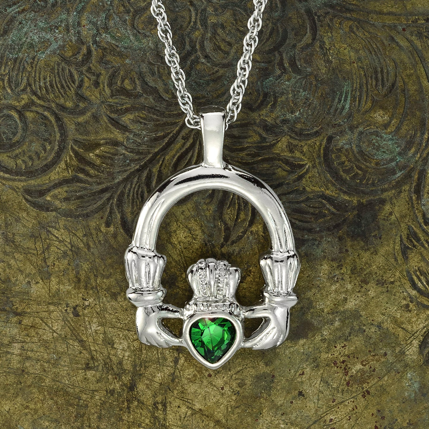 Vintage Claddagh Necklace Austrian Heart Crystal 18k Yellow Gold Electroplated Made in the USA