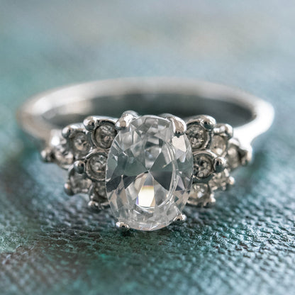Vintage 1980s Clear Cubic Zirconia Oval Ring – 18kt White Gold Electroplated – Made in USA jewelry image 1