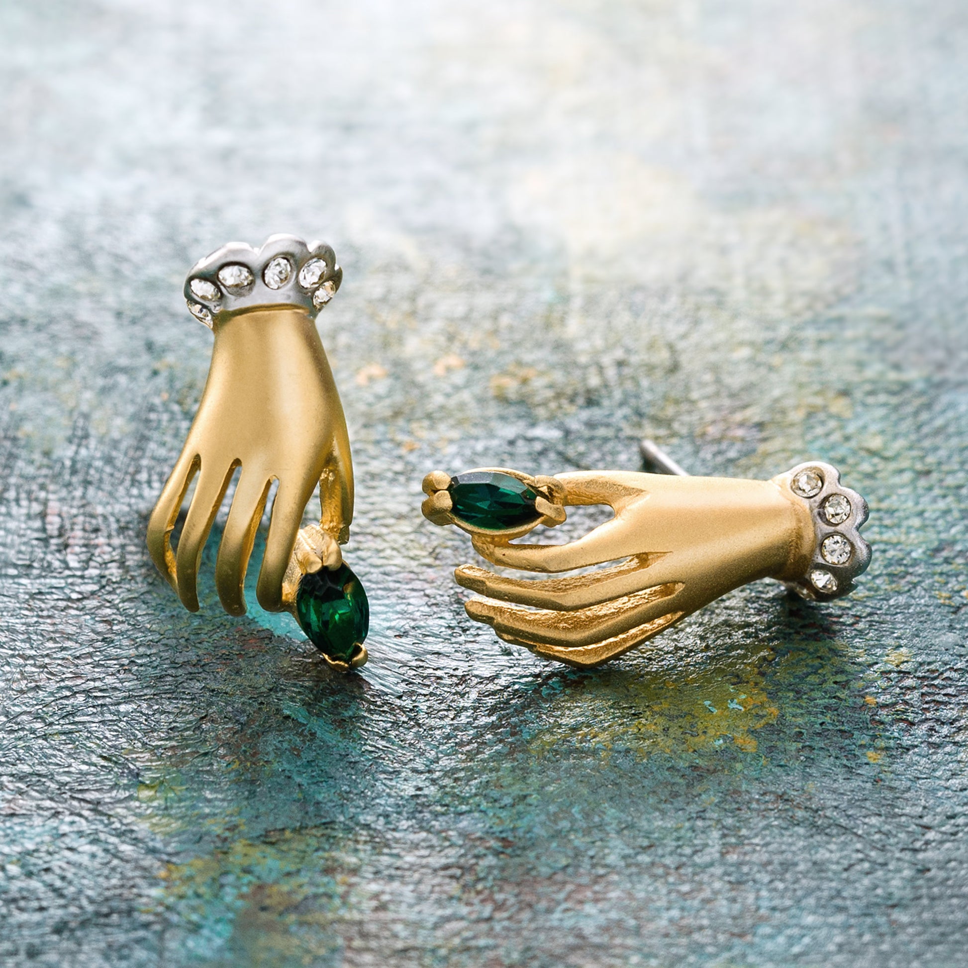 Vintage 1970s Crystal Hand Pierced Earrings - Emerald Green and Clear Crystals - 18k Gold Electroplated jewelry image 1