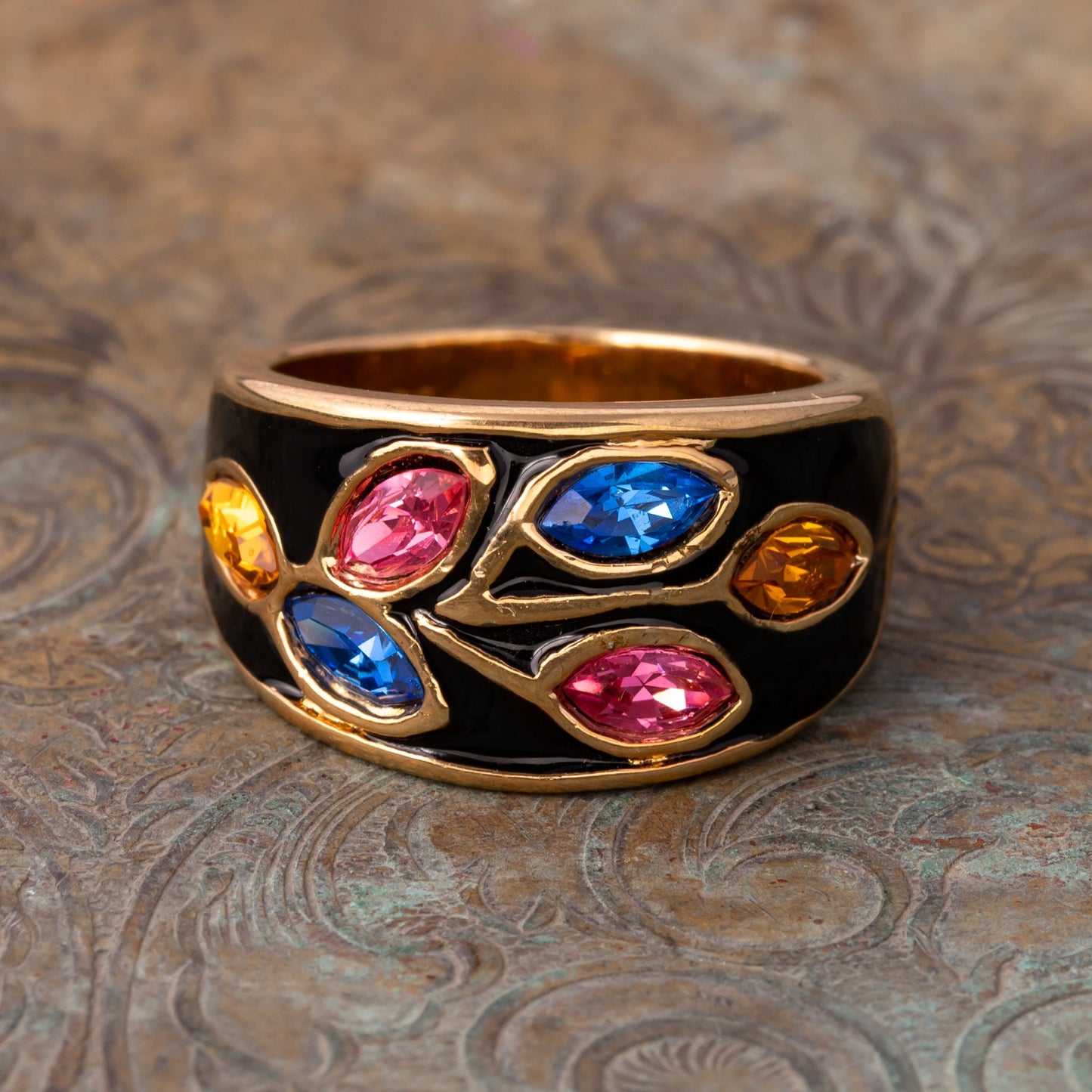 Vintage 1980s Black Enamel Ring with Multicolor Austrian Crystals Leaf Motif 18k Gold Plated jewelry image 1