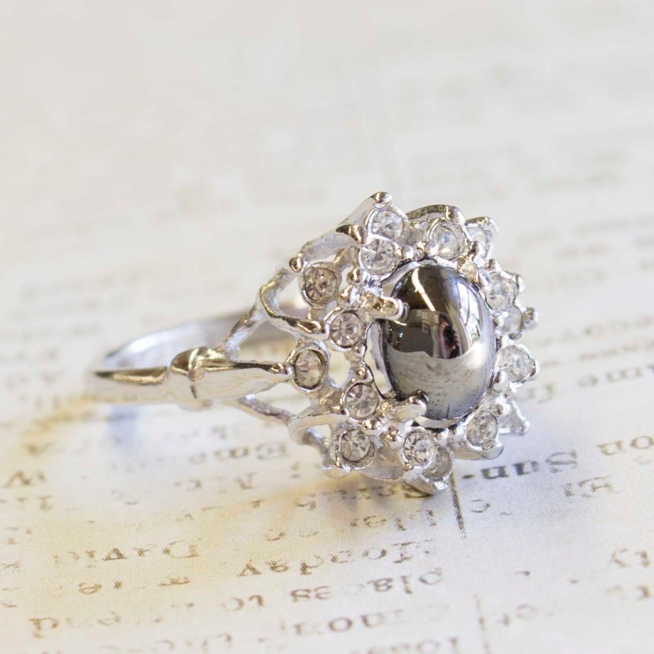 Vintage Ring Genuine Jade surrounded with Austrian Crystals 18k Yellow Gold Electroplated
