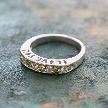 Vintage Ring 1980s I Love You Ring Band Ring Peridot and Clear Swarovski Crystals Imported #R4578-PW Size: 7