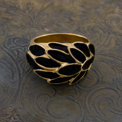 Vintage 1970's Deep Ruby Enamel with Sparkle Undertone Leaf Motif 18k Gold Electroplated Ring