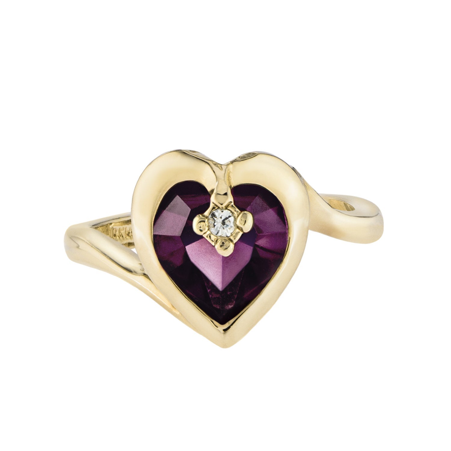 Vintage 1970s Heart Shape Amethyst Crystal Ring with Clear Austrian Crystal Accent – 18k Yellow Gold Electroplated jewelry image 1