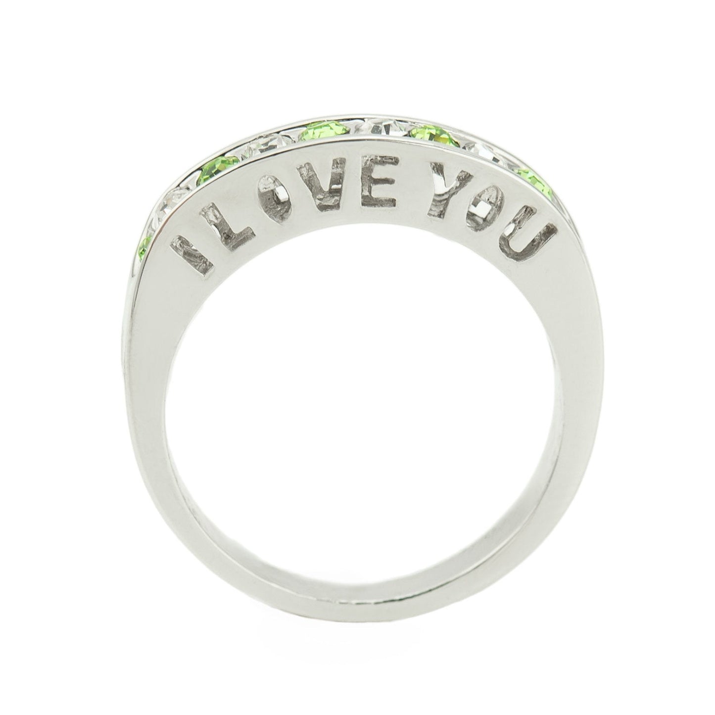 Vintage Ring 1980s I Love You Ring Band Ring Peridot and Clear Swarovski Crystals Imported #R4578-PW Size: 7