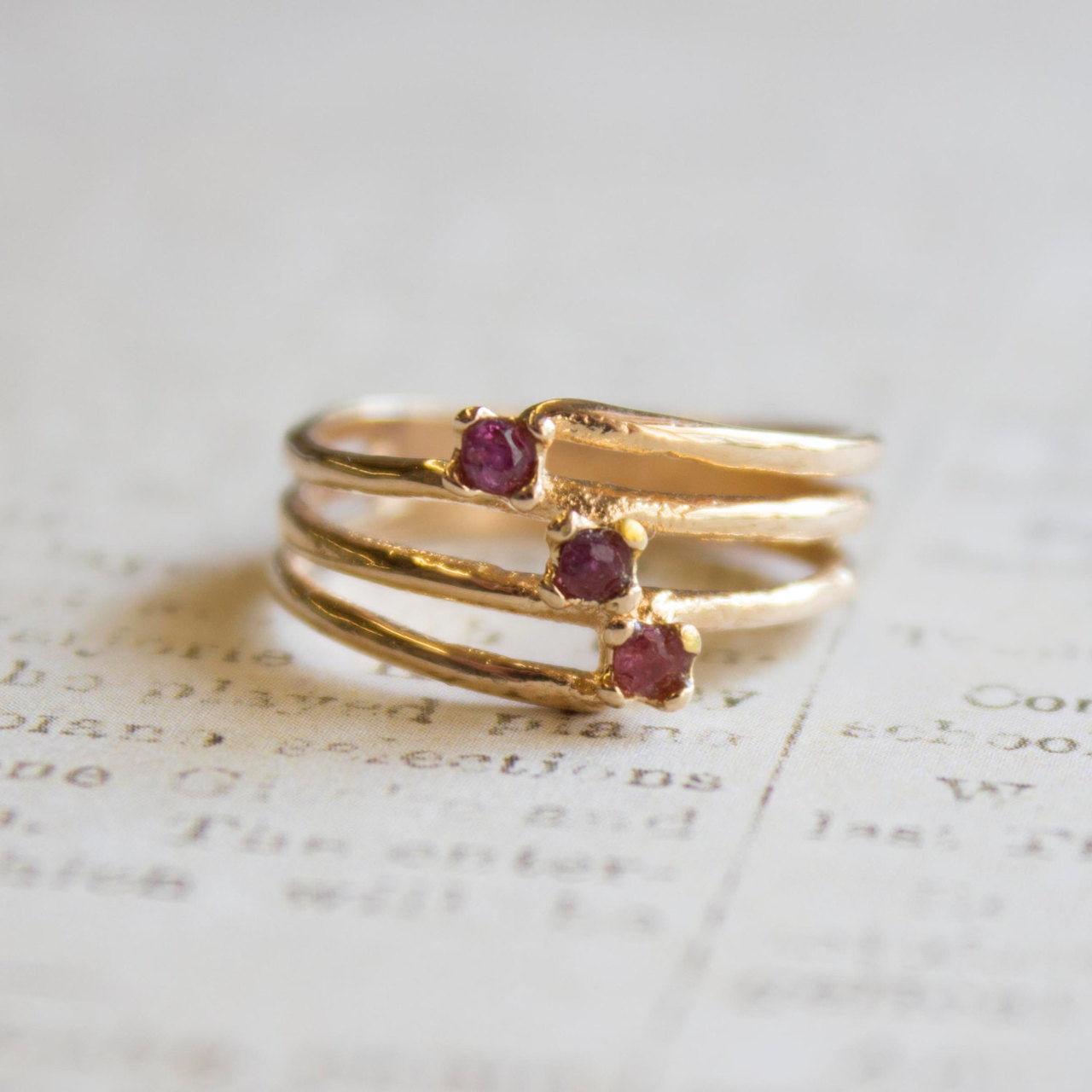 Vintage 1980s Genuine Ruby 18k Gold Electroplated Three-Stone Ring – Made in USA jewelry image 1