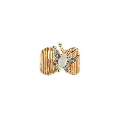 Vintage Butterfly Ring Genuine Coral and Clear Austrian Crystals 18kt Yellow Gold Electroplated