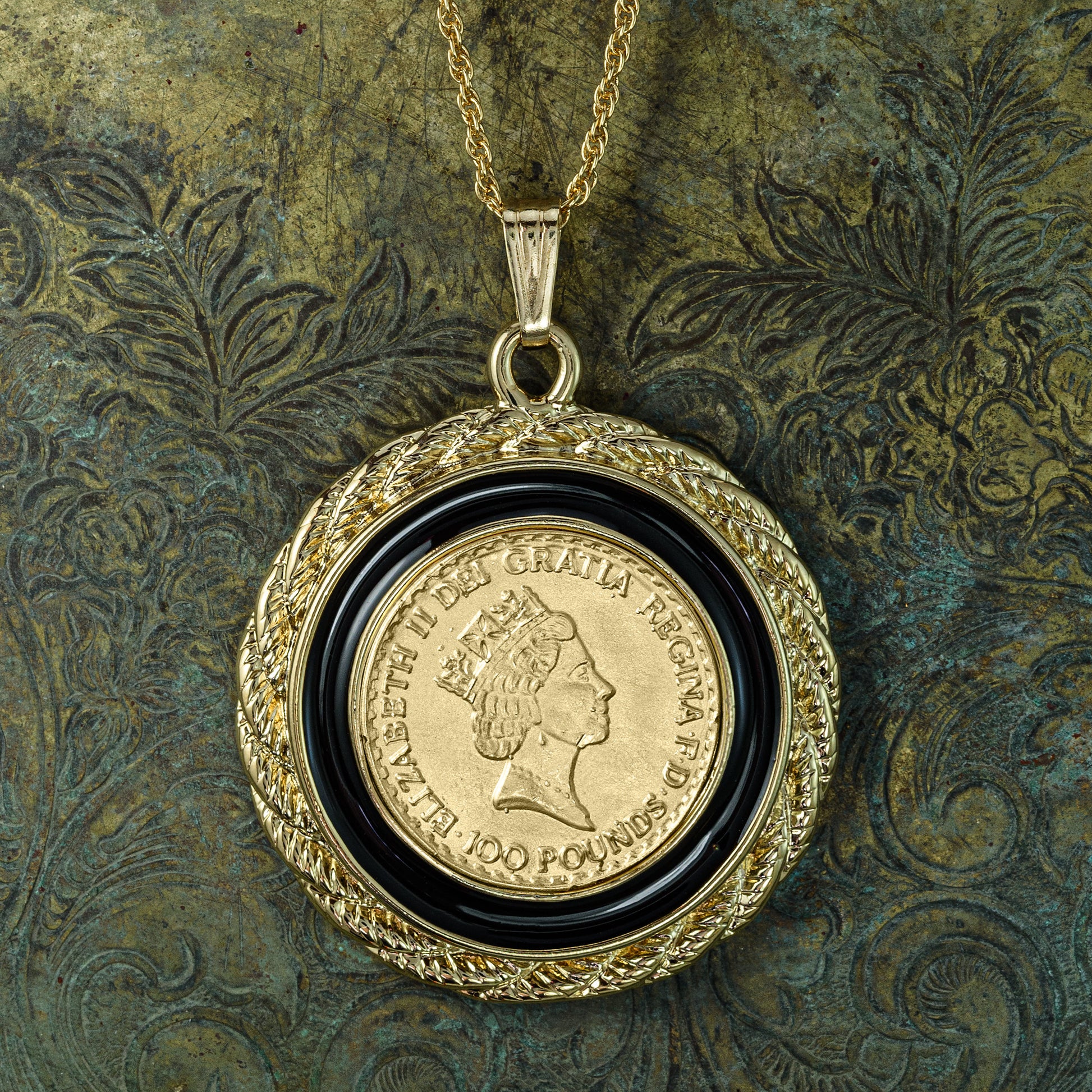 Queen Elizabeth II 100 Pound Coin Pendant Necklace - 18K Yellow Gold Electroplated with Black Accent Ring jewelry image 1